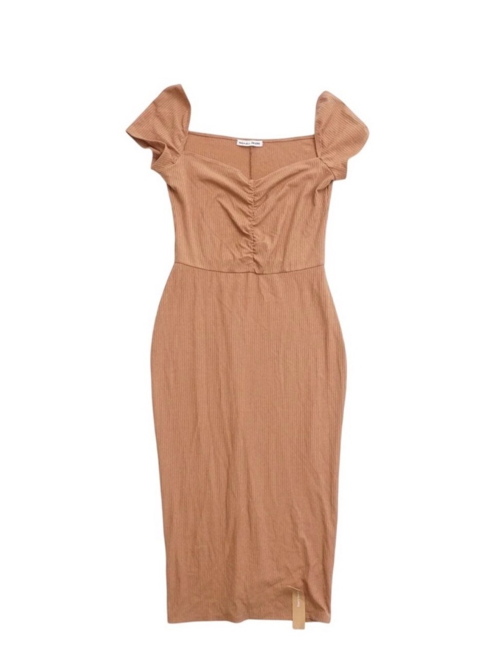 Reformation Rust-Tan Ruched Square-Neck Midi Dress with Puff Sleeves